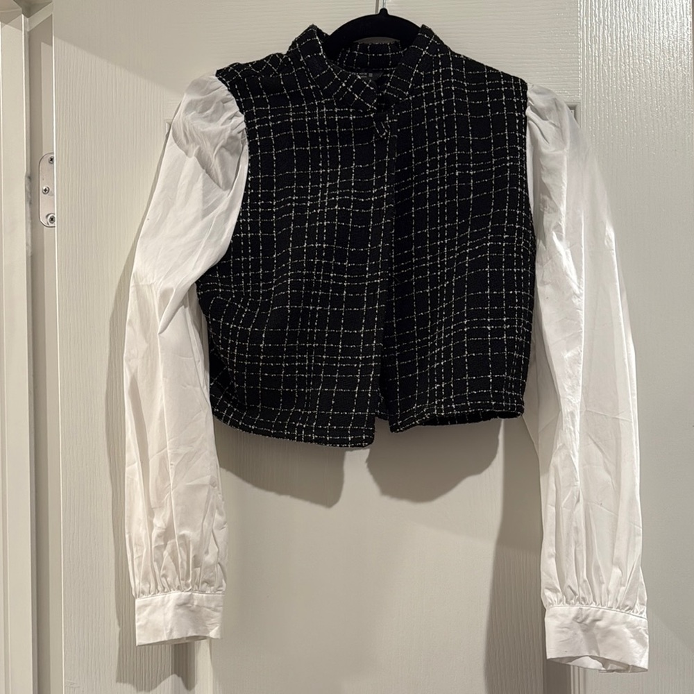 Black and White Plaid Vest with White Sleeves